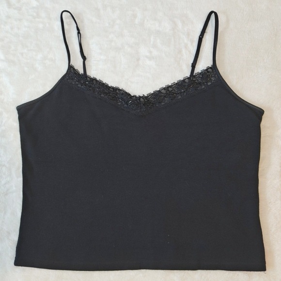 Fashion Bug Tops - Fashion Bug Tank Top Camisole Lace Beaded Trim Spaghetti Black XL Built In Bra